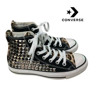Converse Women's Black M9160 All Star Hi Black Custom Leopard Studs Sneakers 6